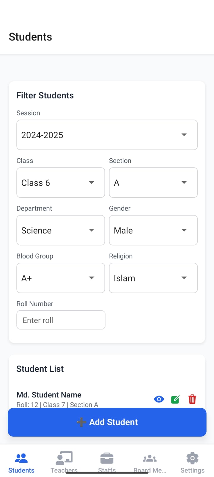 PBF App school settings and administration configuration screen